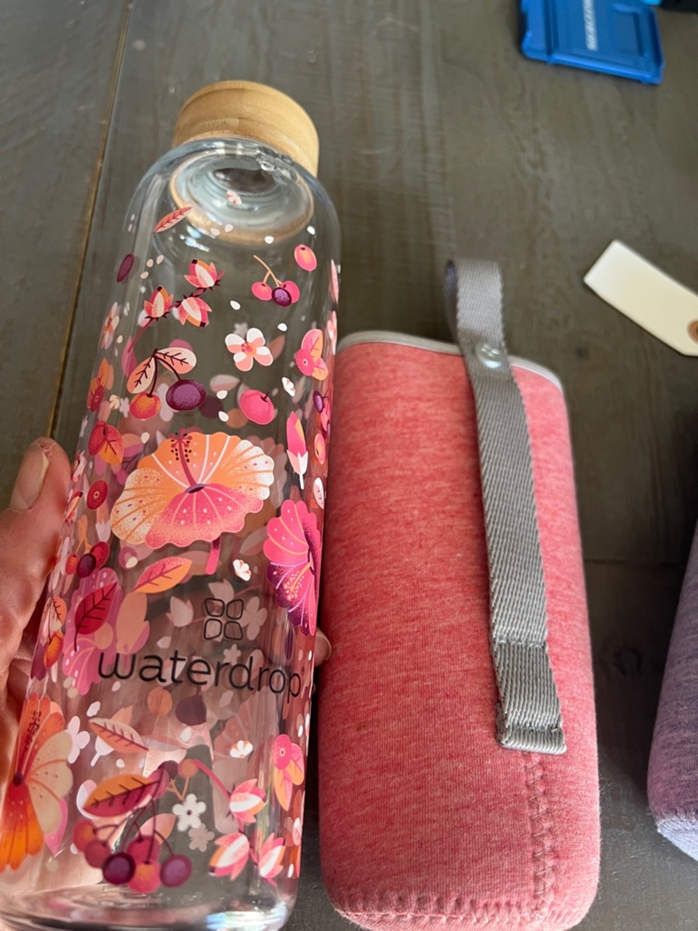 Waterdrop Pink Floral Glass Water Bottle with Sleeve